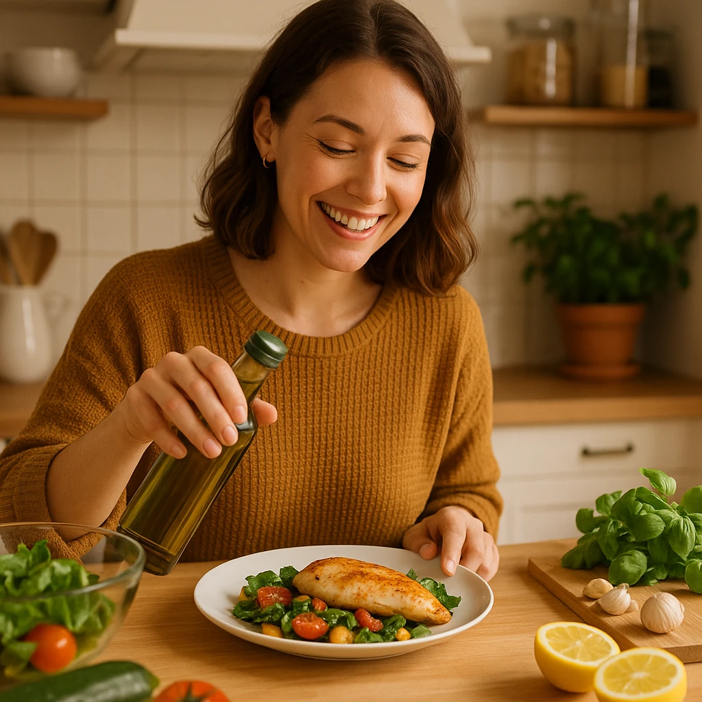 donna che usa olio d'oliva contenta nel suo piatto con petto di pollo emoji