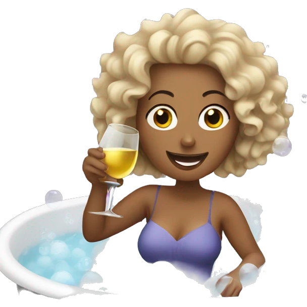 White Woman with curly hair drinking wine in a bubble bath emoji