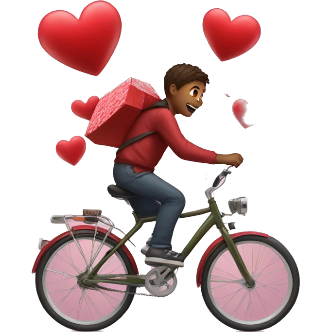 Boy on bicycle runs over a valentine heart emoji