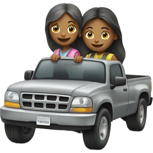 two girls riding in a gray truck emoji