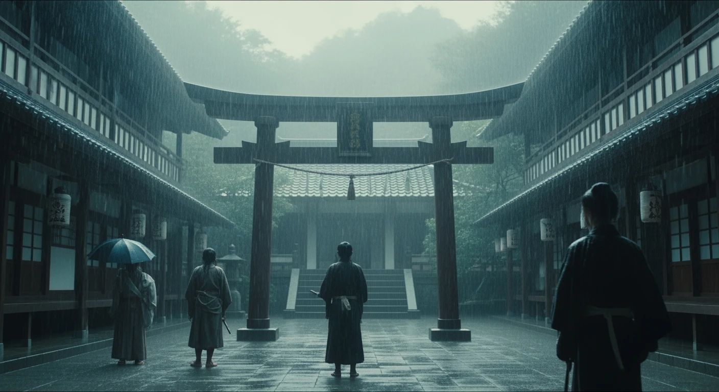 A story set in Japan in 1185, in the style of Wes Anderson, with symmetrical framing, pastel-toned rain, and cinematic depth of field, captured as if by an Arri Alexa. Each scene is a wide shot with motion blur, a rainy atmosphere, and tense mood, visually connecting all slides. emoji