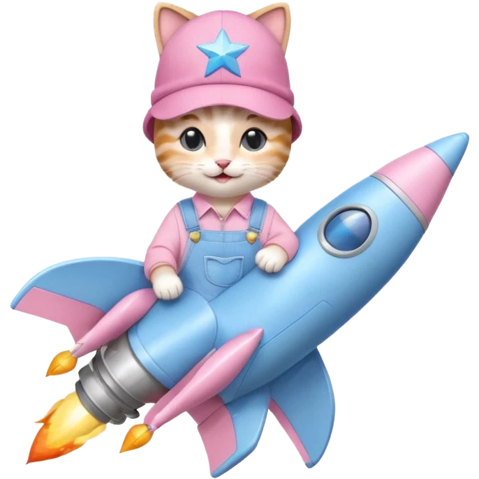 cute kitten wearing pastel blue denim overalls, pastel blue sneakers, pastel pink hat with a star in the center, sitting on a rocket, smiling sweetly, charming emoji style emoji