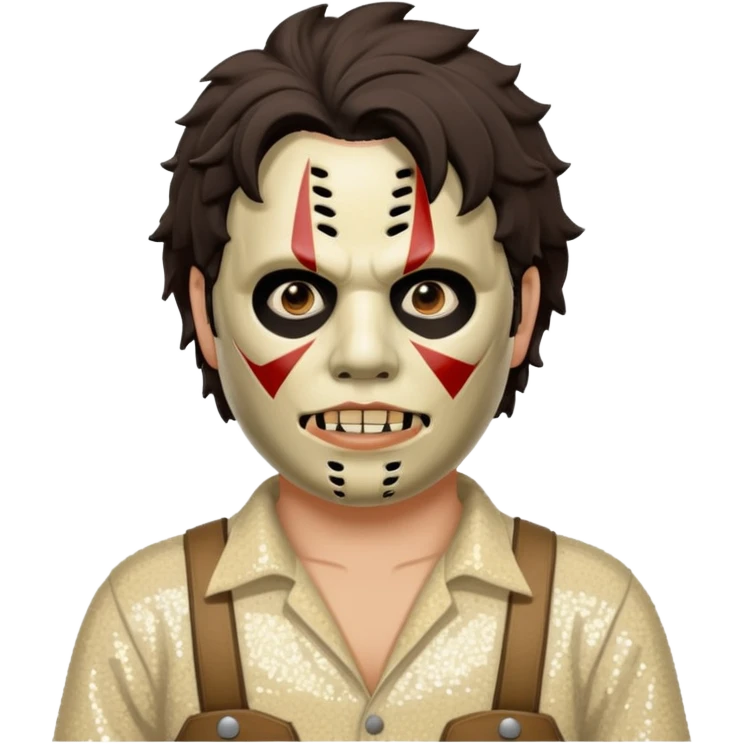 Leatherface with tan mask with dark brown hair, ivory sequin outfit  emoji