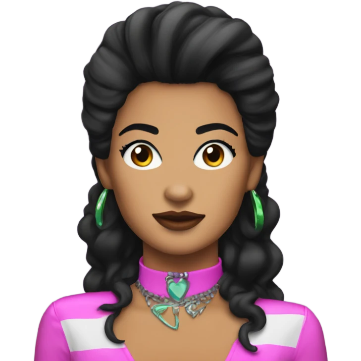 Tanned woman with black hair dressed in 1980s rock hair, makeup, and neon attire  emoji