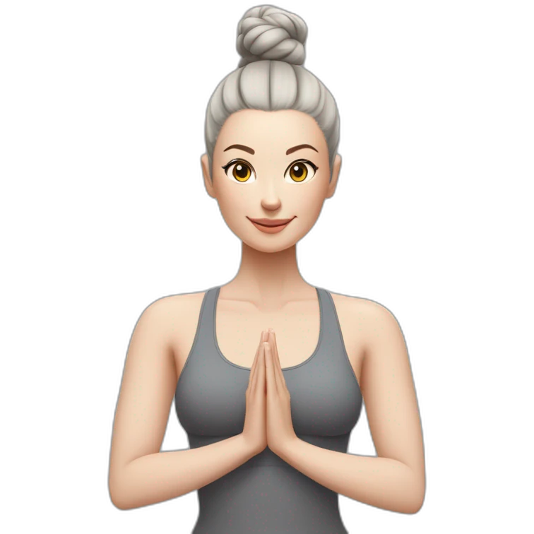 Pale skinned fit woman In a gray tight yoga suit and wristbands With black hair in a bun doing yoga emoji
