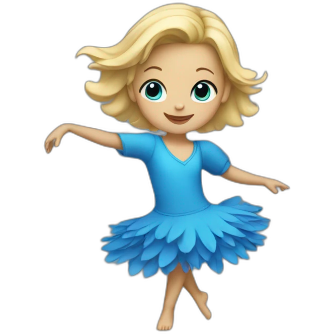 little blonde girl dancing in a blue bird costume emoji