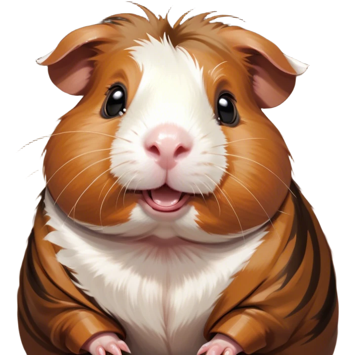 Cinematic Comical Brown and White Banded Guinea Pig Portrait Emoji, Head tilted dramatically with an exaggeratedly amused expression, featuring a striking coat with bold brown and white banding, wide, expressive dark eyes filled with playful disbelief, Simplified yet hilariously expressive features, highly detailed, glowing with a slightly sassy glow, high shine, dramatic yet playful, stylized with an air of cheeky mischief, bright and endearing, soft glowing outline, capturing the essence of a spirited and over-the-top guinea pig, so meme-worthy it feels like it could side-eye its way into internet fame instantly! emoji