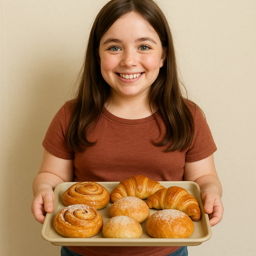 sweet brunette girl with short legs, long hair, light eyes, smiling while holding a tray of baked goods emoji