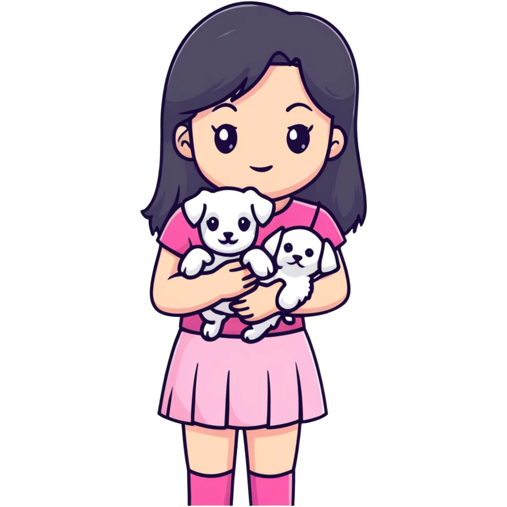 beautiful girl with long hair in pink top and skirt holding a small white Maltese puppy emoji