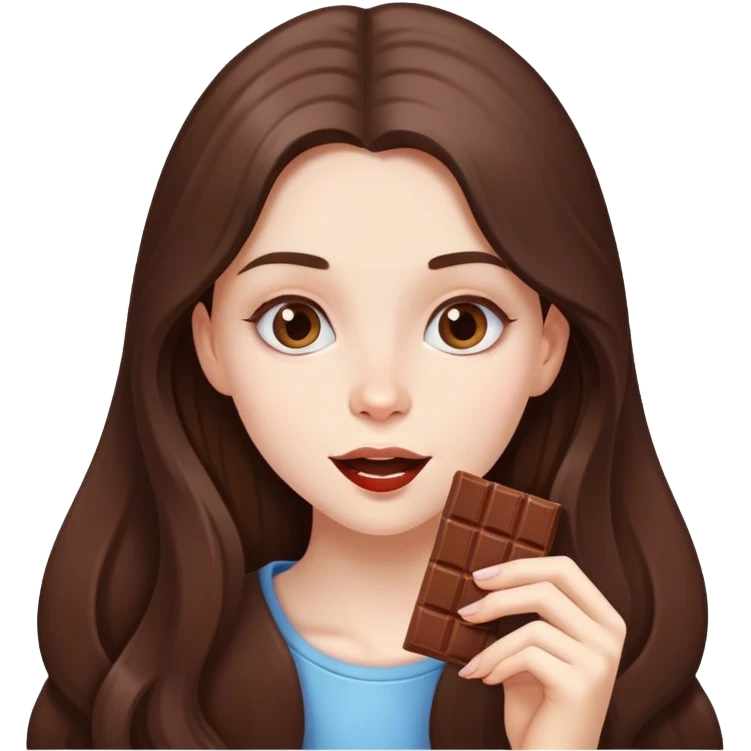 beautiful pale brunette girl with long hair eating a bar of chocolate  emoji