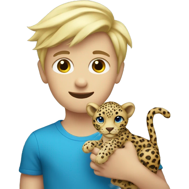 blonde boy holding stuffed leopard with blue yes emoji