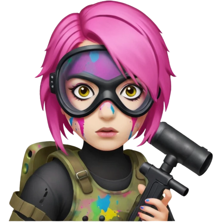 paintball player face girl pink hair emoji