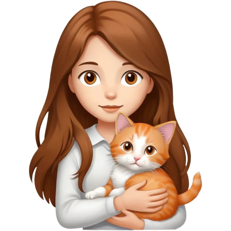 A long-haired girl with brown hair and brown eyes is holding a long-haired orange and white kitten in her arms. emoji