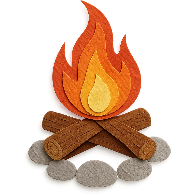 campfire with logs and stones, delicate paper layers, expressive flames, warm glow emoji