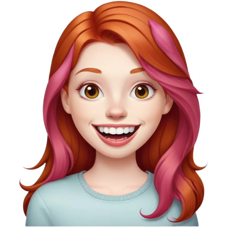 Young girl with pale skin, full pink lips smiling with big teeth, ginger red hair (very long), bigger nose, deep brown eyes (less green), big mouth emoji
