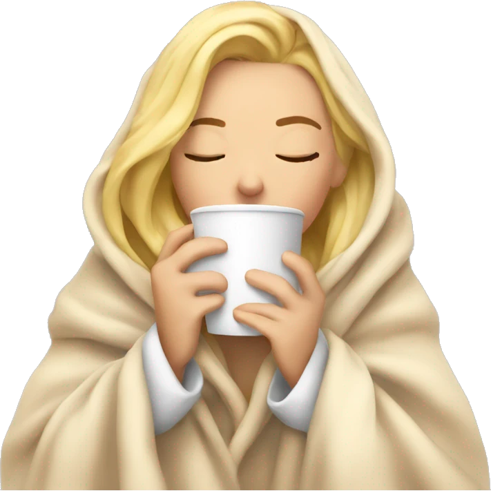 Blonde girl inside a blanket sipping coffee eyes closed emoji