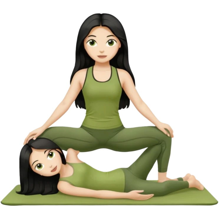pilates girl in green olive set whit black long hair  emoji