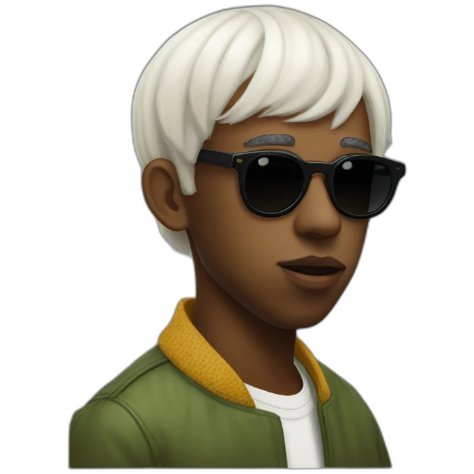 tyler the creator with a short white wig and dark sunglasses looking looking slightly annoyed side view emoji