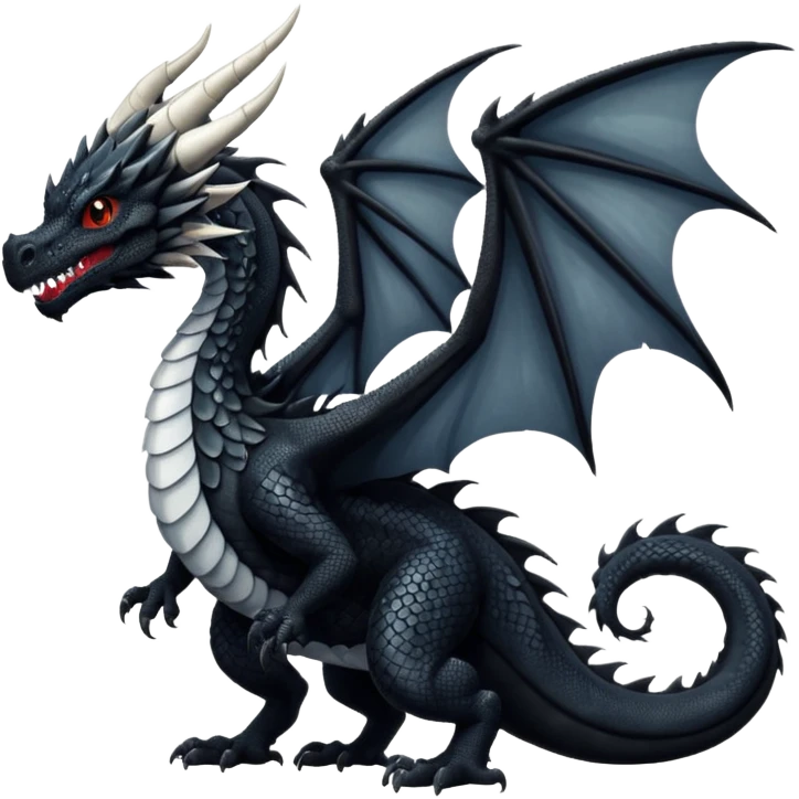 A dragon that is  black 🖤 with white spots. HUGE wings and a tail. Also detailed  emoji