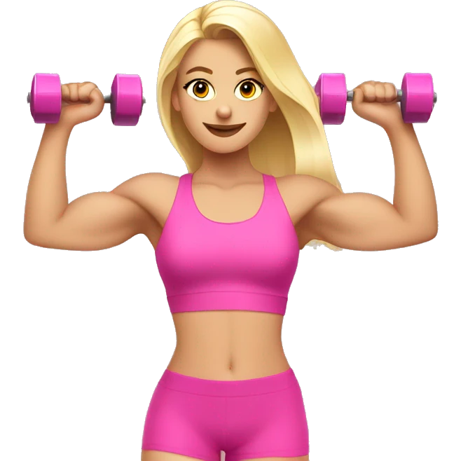 a blonde pretty girl in a pink workout set lifting pink weights emoji
