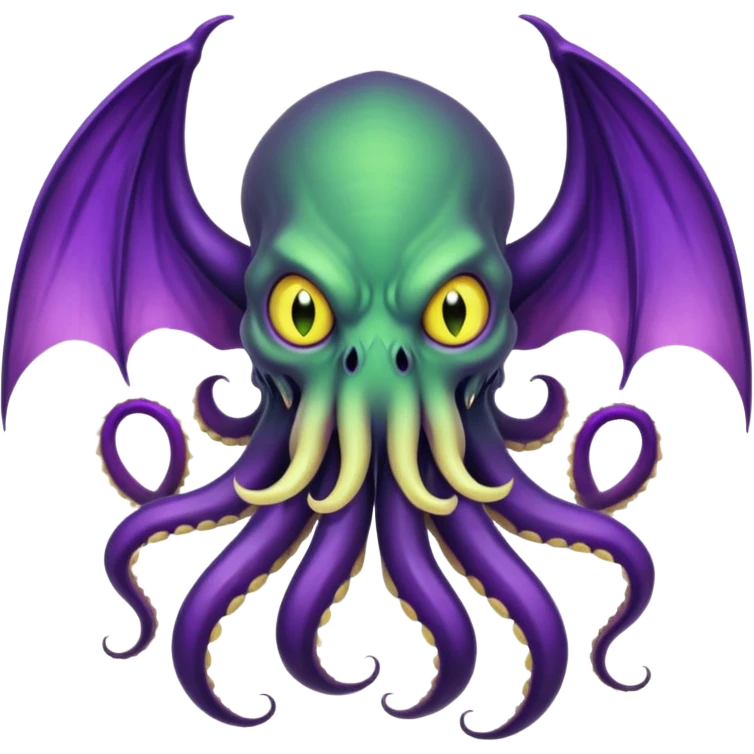 deep green Cthulhu with purple bat wings and purple gradient tentacles. Yellow angry eyes. yellow suckers on tentacles. dramatic ominous shading. two saber-teeth emoji