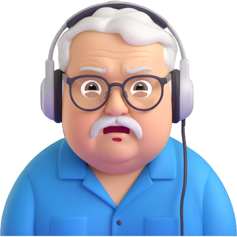Very chubby brown old man with medium white hair, wearing glasses and headphones, looking surprised and angry, no facial hair, round full cheeks, double chin, looking to the upper left corner emoji