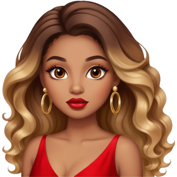 light brown skin tone, very beautiful woman, with big plump lips, long long lashes, ombre wavy long hair, brown eyes, red dress, gold hoop earrings emoji