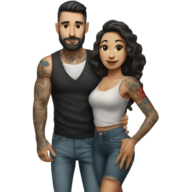 Hyper Realistic beautiful woman in the arms of a very handsome tattooed man walking  emoji