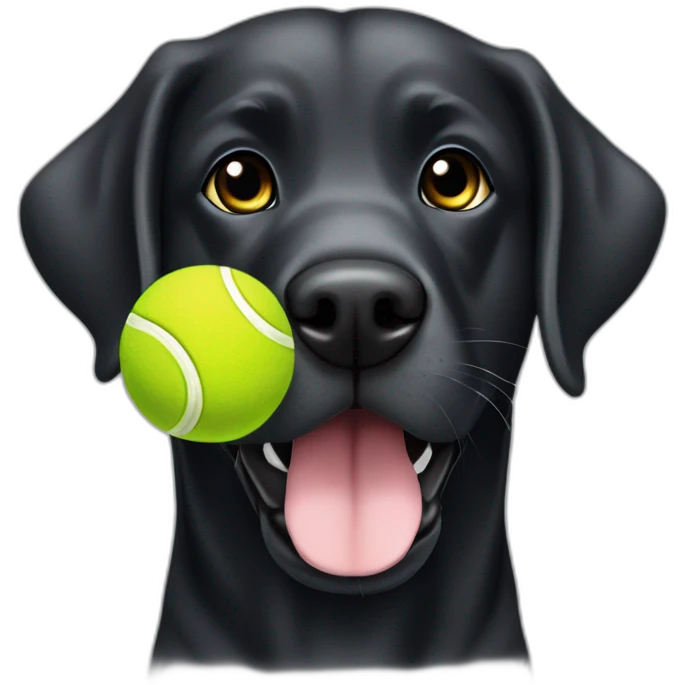 Black Labrador retriever tennis ball in mouth small eyes gray hair on chin emoji