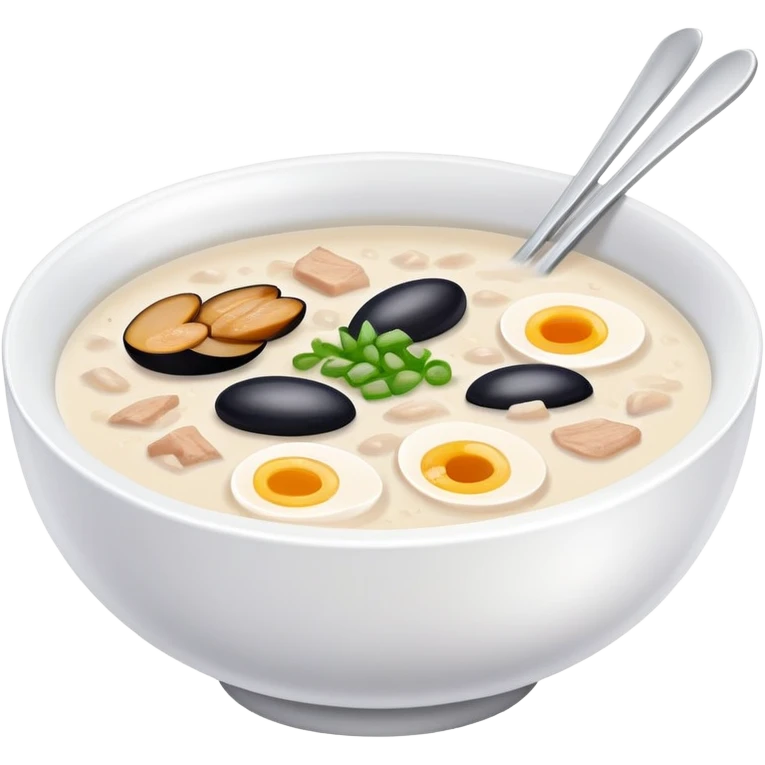 Guangzhou rice porridge congee with century egg and pork, simplified emoji style with bold outlines and bright colors, cartoon style Southern Chinese breakfast bowl emoji