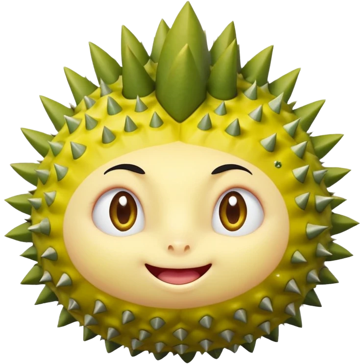 round durian character, green spiky shell, yellow flesh, sparkly eyes, blushing, shy expression emoji