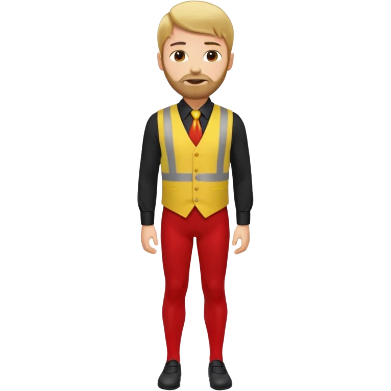 A blond man wearing a black dress shirt, red tights, and a yellow tie. A red vest over his black shirt. A blond man with brown hair and a short beard. His outfit consists of a black shirt, a red vest over it, and a yellow tie. (no white in clouth) emoji