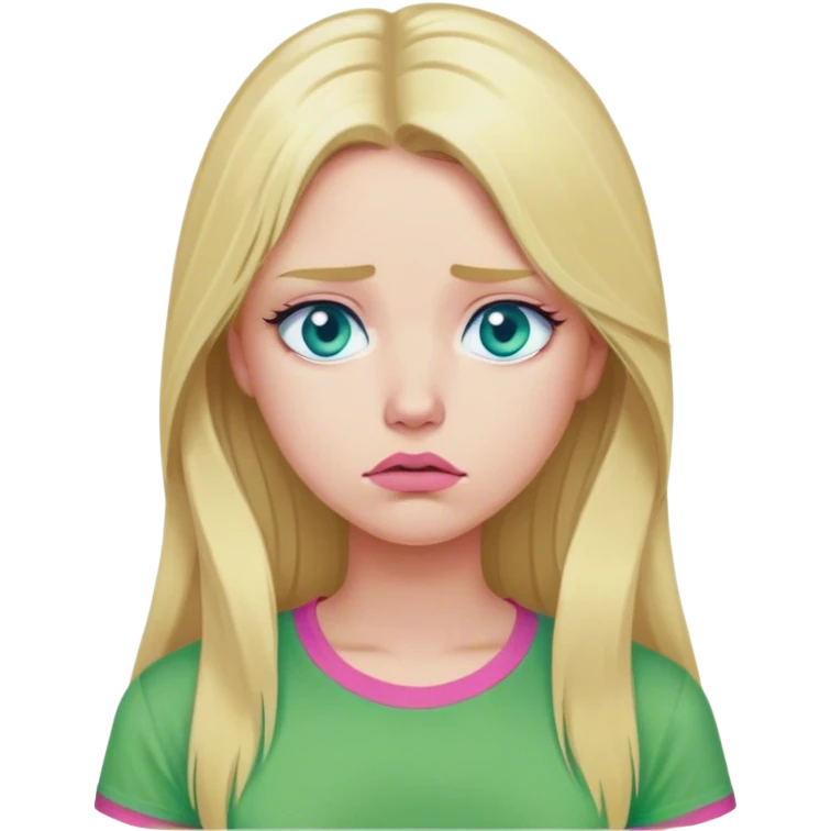 Cinematic realistic blonde with long hair, blue eyes and pink lips, wearing a green T-shirt, sad emoji