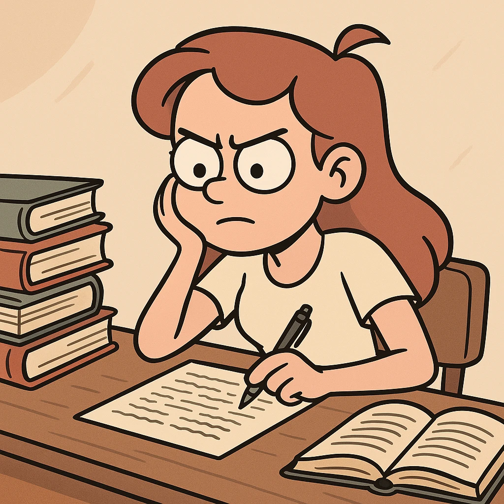 A girl preparing for exams, sitting at a desk with books and notes, looking focused and determined, in a cartoon style. emoji