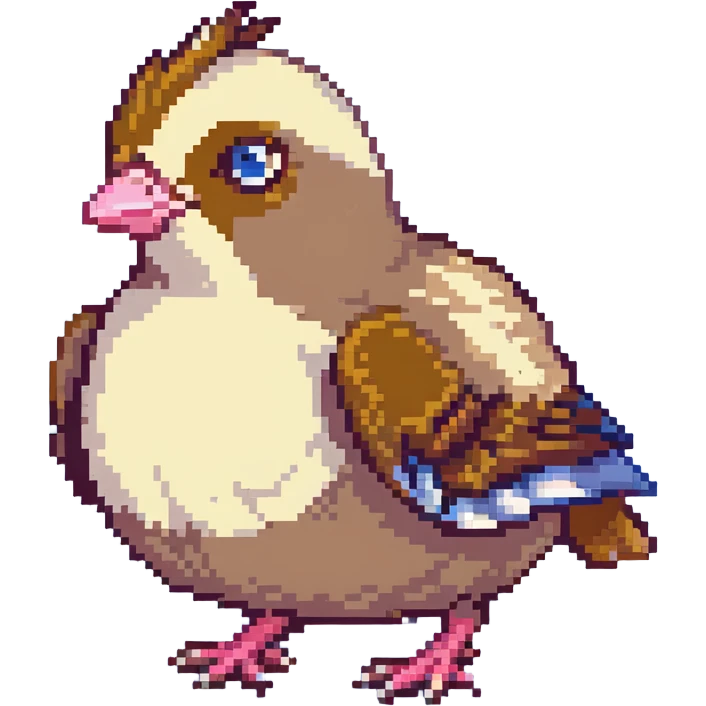 pidgey, small brown bird with cream face and underbelly, pink feet, and a short beak, pixel art style emoji