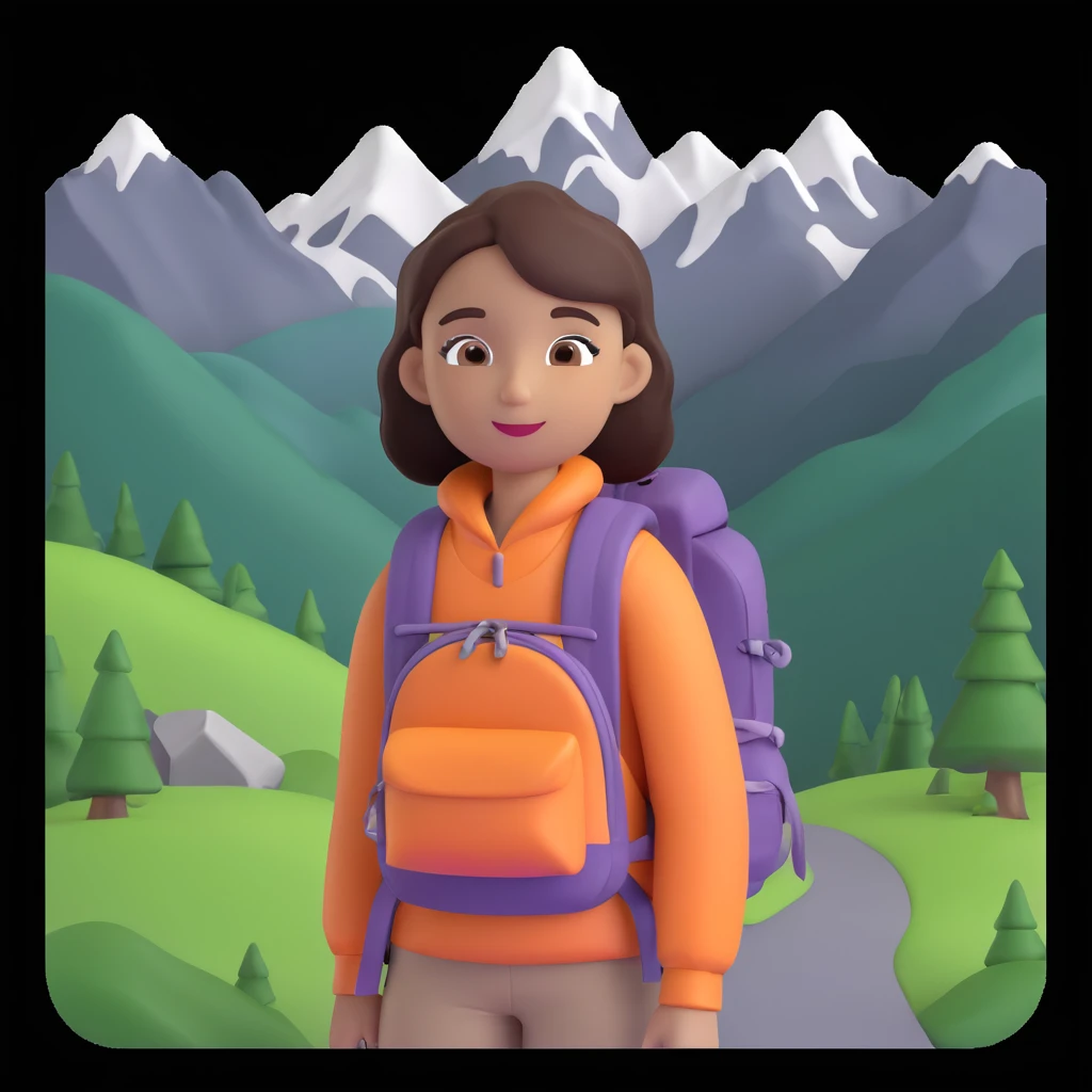 girl back packing mountains in background, close up pose emoji