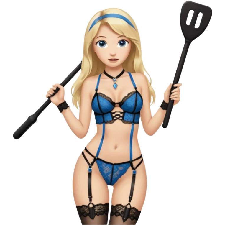 Long blonde hair blue eyes in black lingerie with stockings and harder belt with a key around her neck and a small rectangular leather paddle in one hand emoji