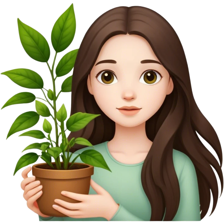 beautiful pale brunette girl with long hair holding plants  emoji