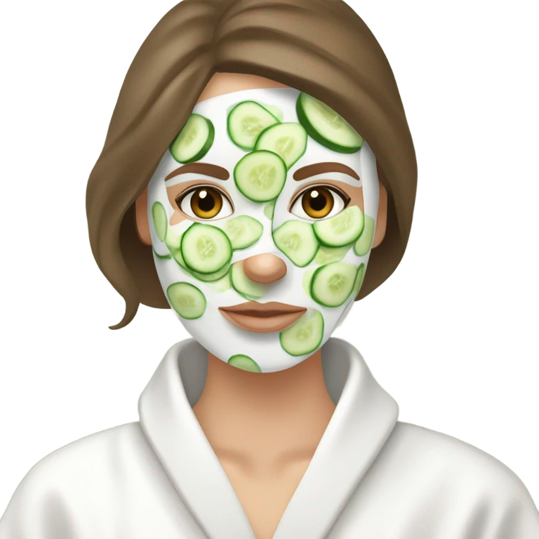 White girl with Brown hair and blue eyes wears a Green colored skincare clay textured mask and puts on cucumbers around her eyes while She relaxes in her white Robe emoji