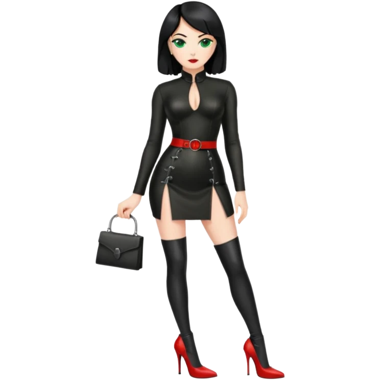 🕵🏻‍♀️💦🧥 black hair , green eyes , full body , red high heels , dominatrix dress , emoji