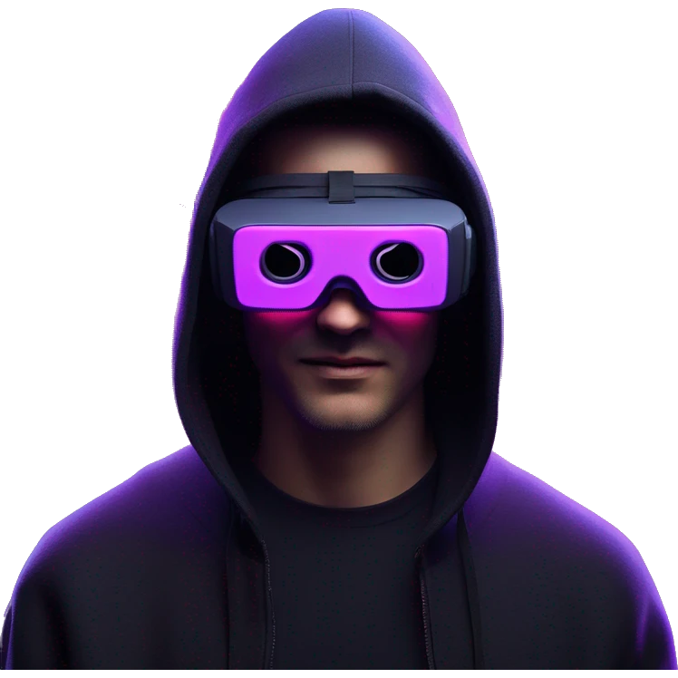 Russian man wearing a black hoodie with "OMG" letters on it and VR headset oculus quest 2 in a cyberpunk VR environment with violet neon lighting. Showing direction with hand emoji