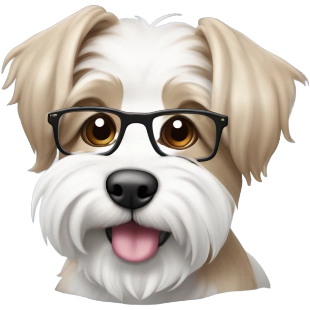 Dos perritos terrier tibetano, el macho de color blanco con un moño azul y la hembra blanca con una sola oreja de color marrón y un lazo rosa siendo abrazados por una chica de piel clara, cabello lacio de color rubio castaño, con lentes y ojos marrones  emoji