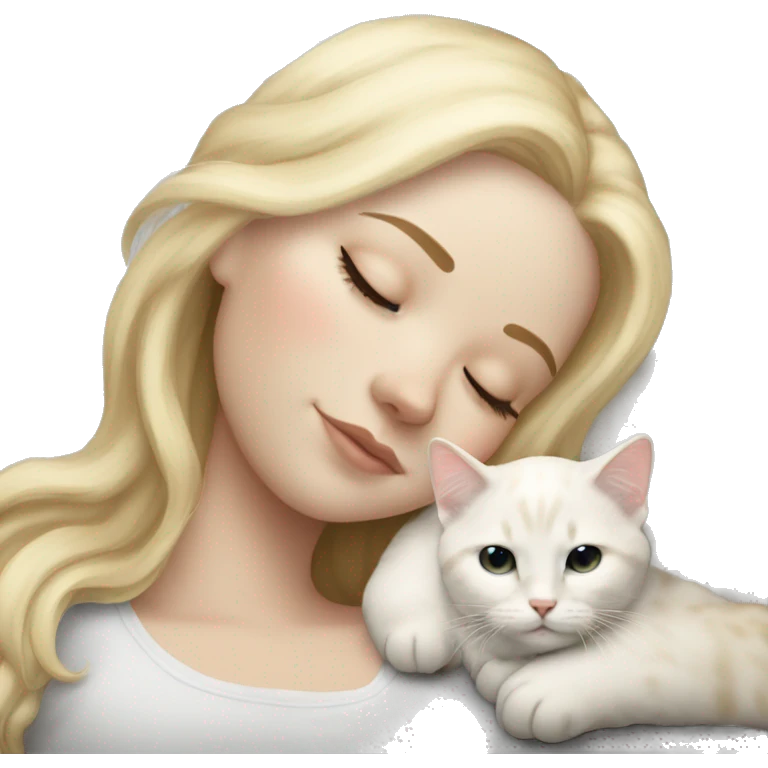 White girl blonde hair sleeping with white kitty with black spots emoji