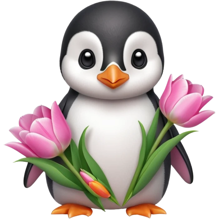 Cute baby penguin holding flower bouquet wraped in white paper and all flowers tulips in pink colour emoji