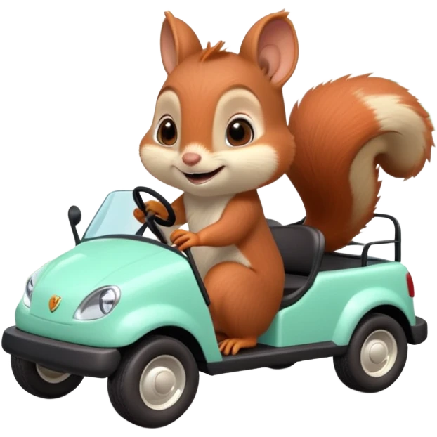High-quality 3D Pixar-style mint green golf cart speeding in bright courtyard, driven by a super-cute smiling baby squirrel, glossy fur, big eyes, vibrant colors, smooth shading, butterflies, potted plants, bright daylight. emoji