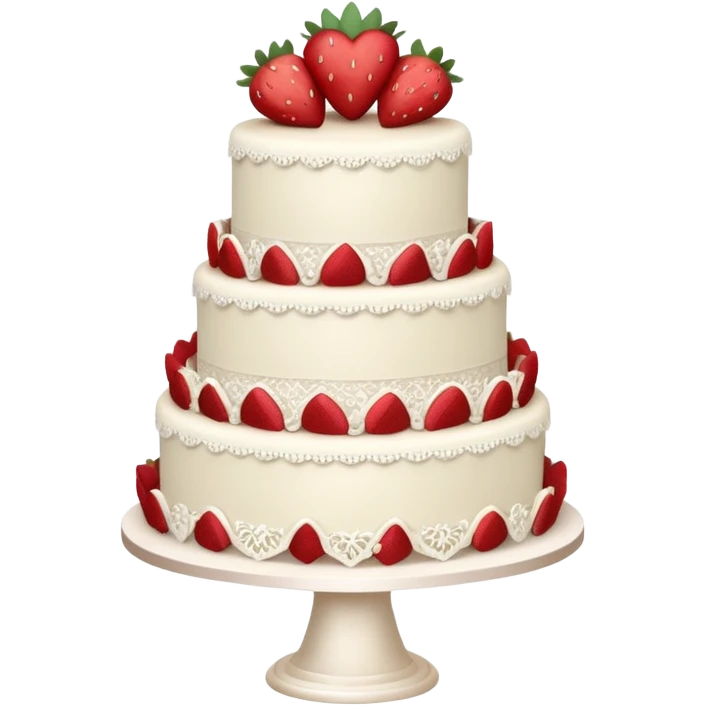 white wedding cake with strawberries, lace piping, heart-shaped topper emoji