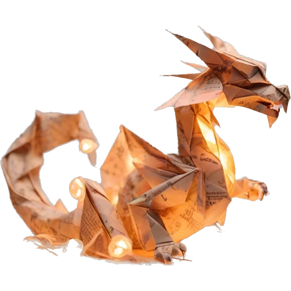 Beige Origami dragon made of newspapers on fire letters on fire burnt paper surrounded by fairy lights swirls covered in dried flowers bokeh floral flowers fire flames emoji