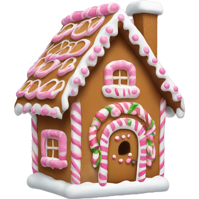 a gingerbread house with pink and White frosing around the edges emoji