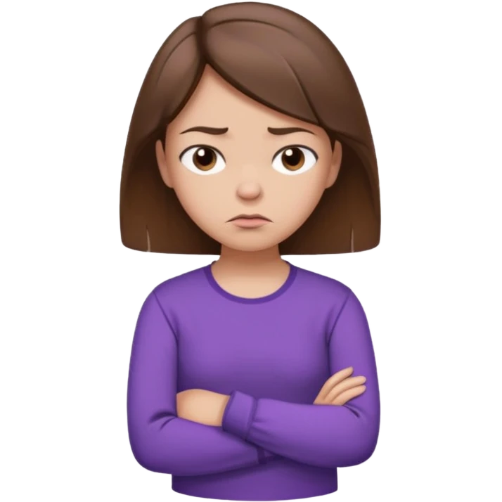Angry Pouty girl with small squinted eyes folding arms in a purple longsleeve shirt she has fair skin and brown hair emoji