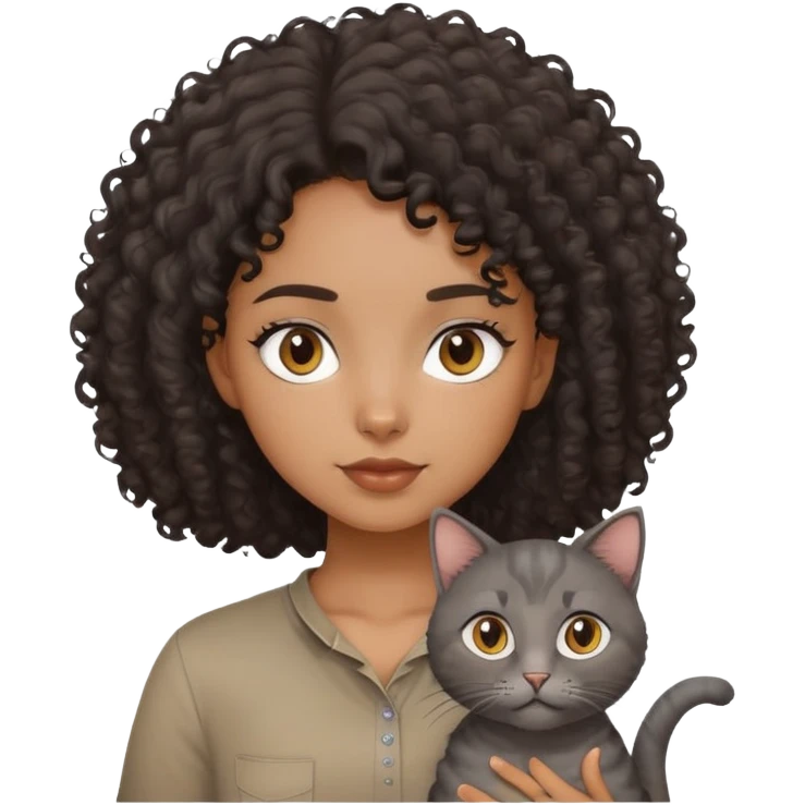 a black curly girl wearing a brown shirt with a grey cat emoji